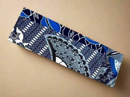 Ethnic, Fabric, Patterned, Handmade Blue, Gray, and White Wine Gift Bag - Gezia Accents
