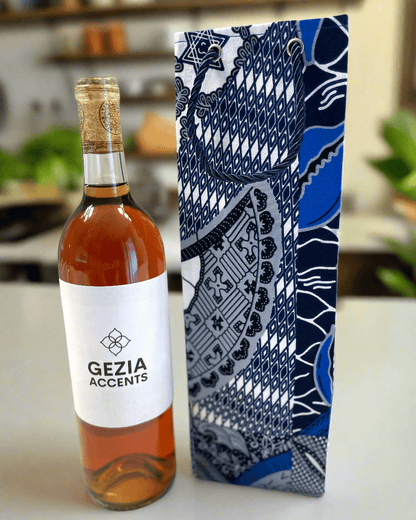 Ethnic, Fabric, Patterned, Handmade Blue, Gray, and White Wine Gift Bag - Gezia Accents