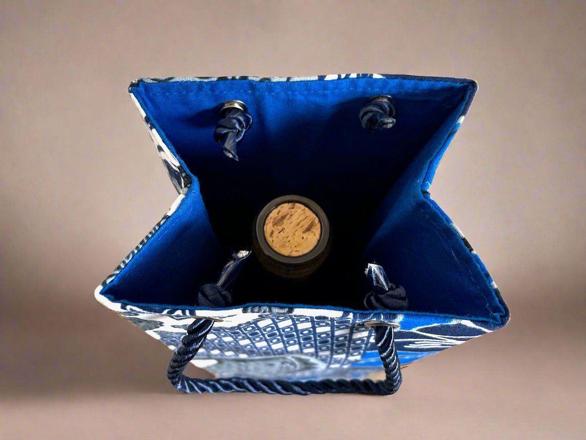 Ethnic, Fabric, Patterned, Handmade Blue, Gray, and White Wine Gift Bag - Gezia Accents