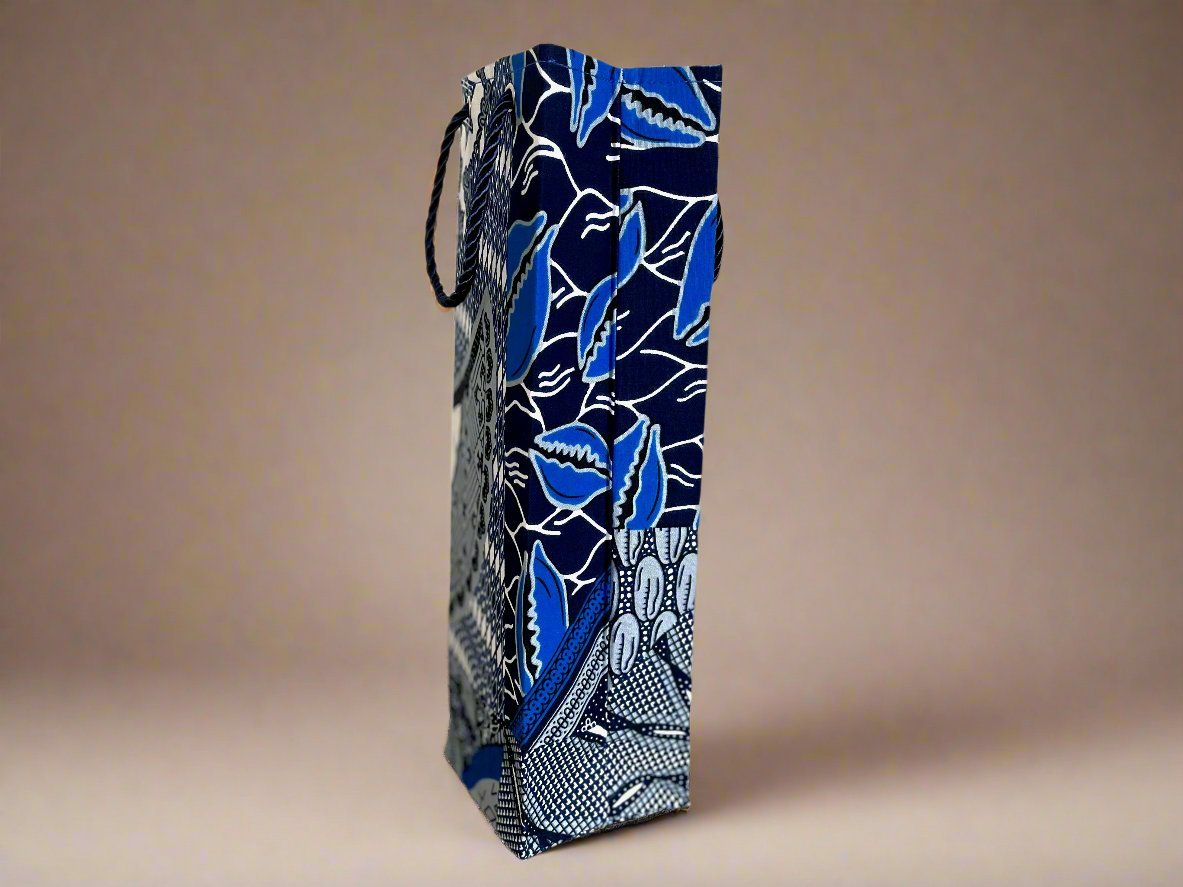 Ethnic, Fabric, Patterned, Handmade Blue, Gray, and White Wine Gift Bag - Gezia Accents