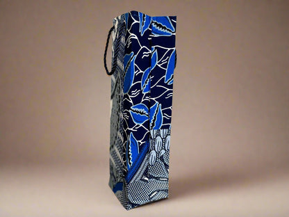 Ethnic, Fabric, Patterned, Handmade Blue, Gray, and White Wine Gift Bag - Gezia Accents