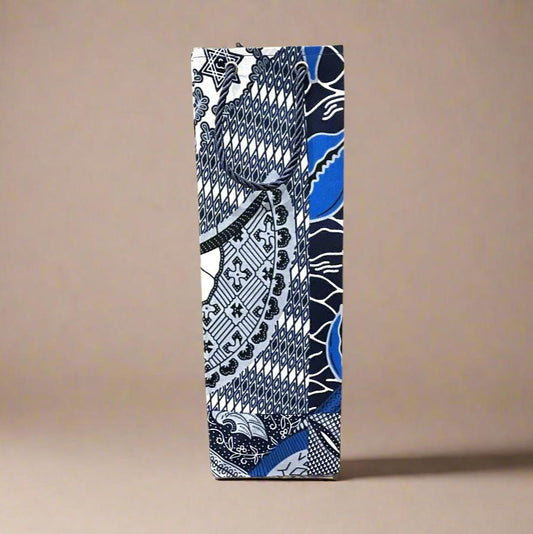 Ethnic, Fabric, Patterned, Handmade Blue, Gray, and White Wine Gift Bag - Gezia Accents
