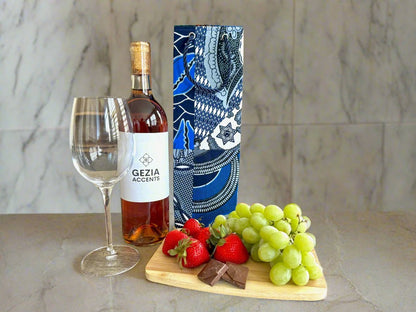 Ethnic, Fabric, Patterned, Handmade Blue, Gray, and White Wine Gift Bag - Gezia Accents