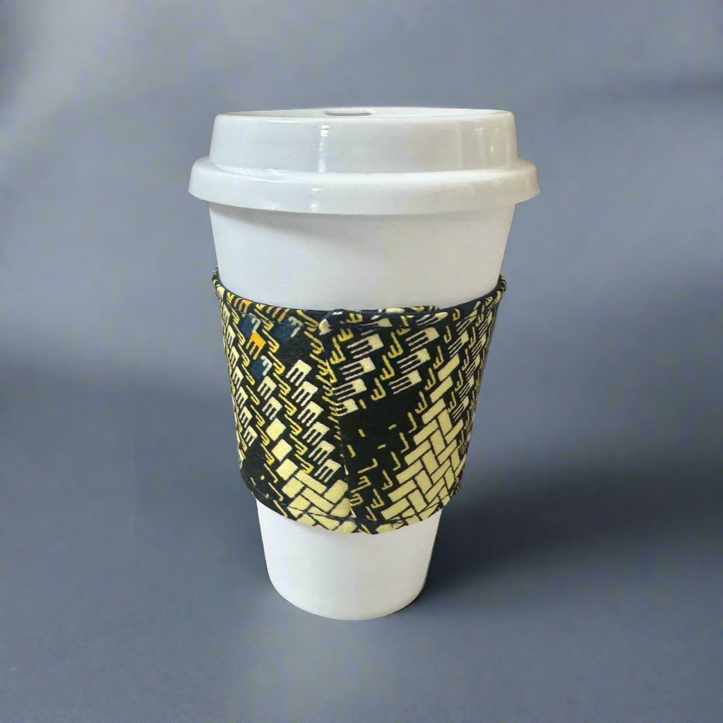 Ethnic, Fabric, Patterned, Handmade Blue, Maroon and Yellow Cup Sleeve - Gezia Accents