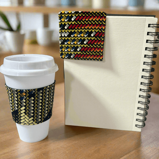 Ethnic, Fabric, Patterned, Handmade Blue, Maroon and Yellow Cup Sleeve - Gezia Accents