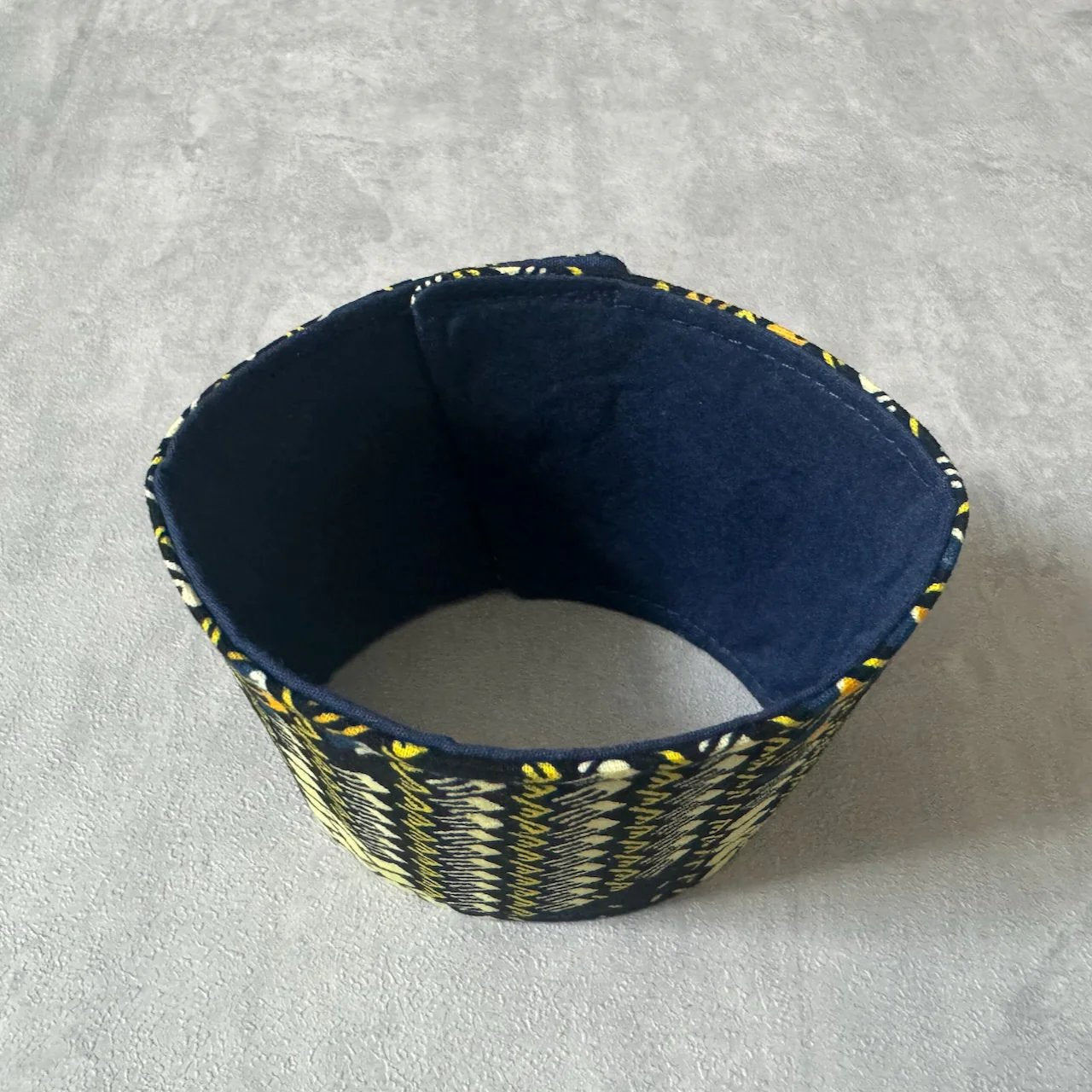 Ethnic, Fabric, Patterned, Handmade Blue, Maroon and Yellow Cup Sleeve - Gezia Accents