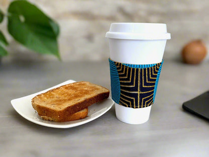 Ethnic, Fabric, Patterned, Handmade Blue, Turquoise, Black, and Gold Cup Sleeve - Gezia Accents