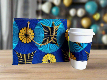 Ethnic, Fabric, Patterned, Handmade Blue, Turquoise, Black, and Gold Cup Sleeve - Gezia Accents