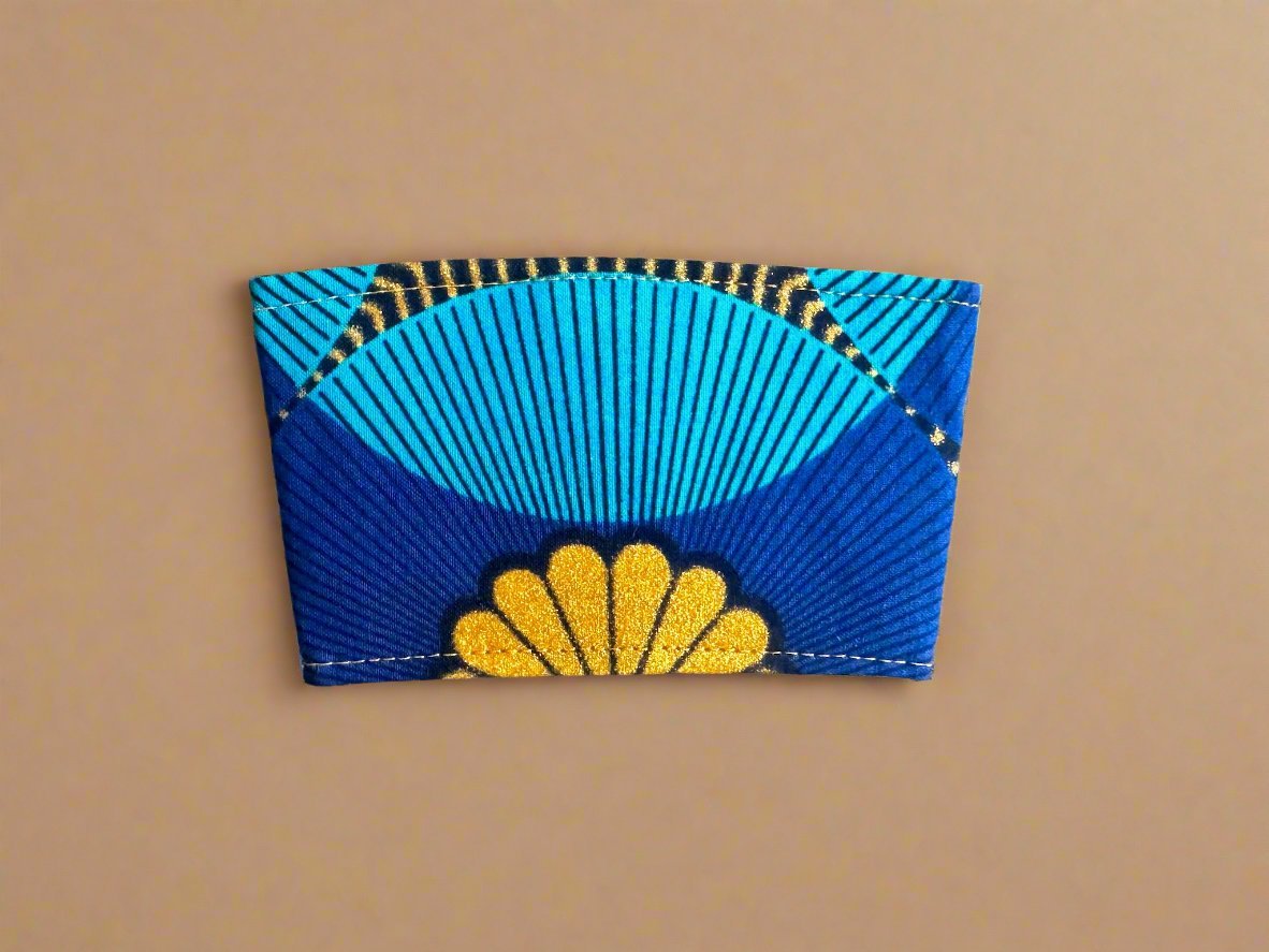 Ethnic, Fabric, Patterned, Handmade Blue, Turquoise, Black, and Gold Cup Sleeve - Gezia Accents
