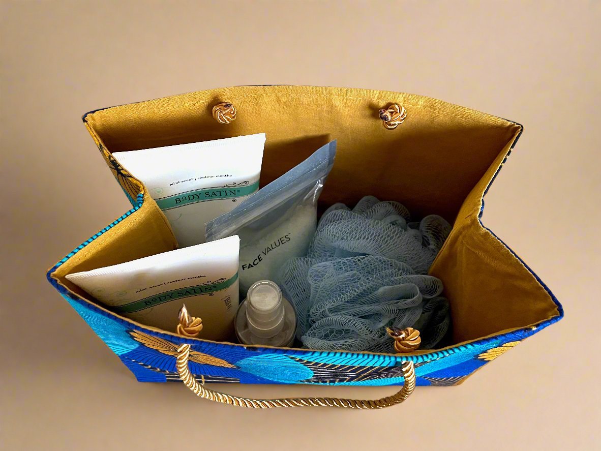 Ethnic, Fabric, Patterned, Handmade Blue, Turquoise, Black, and Gold Small Wardrobe Bag - Gezia Accents