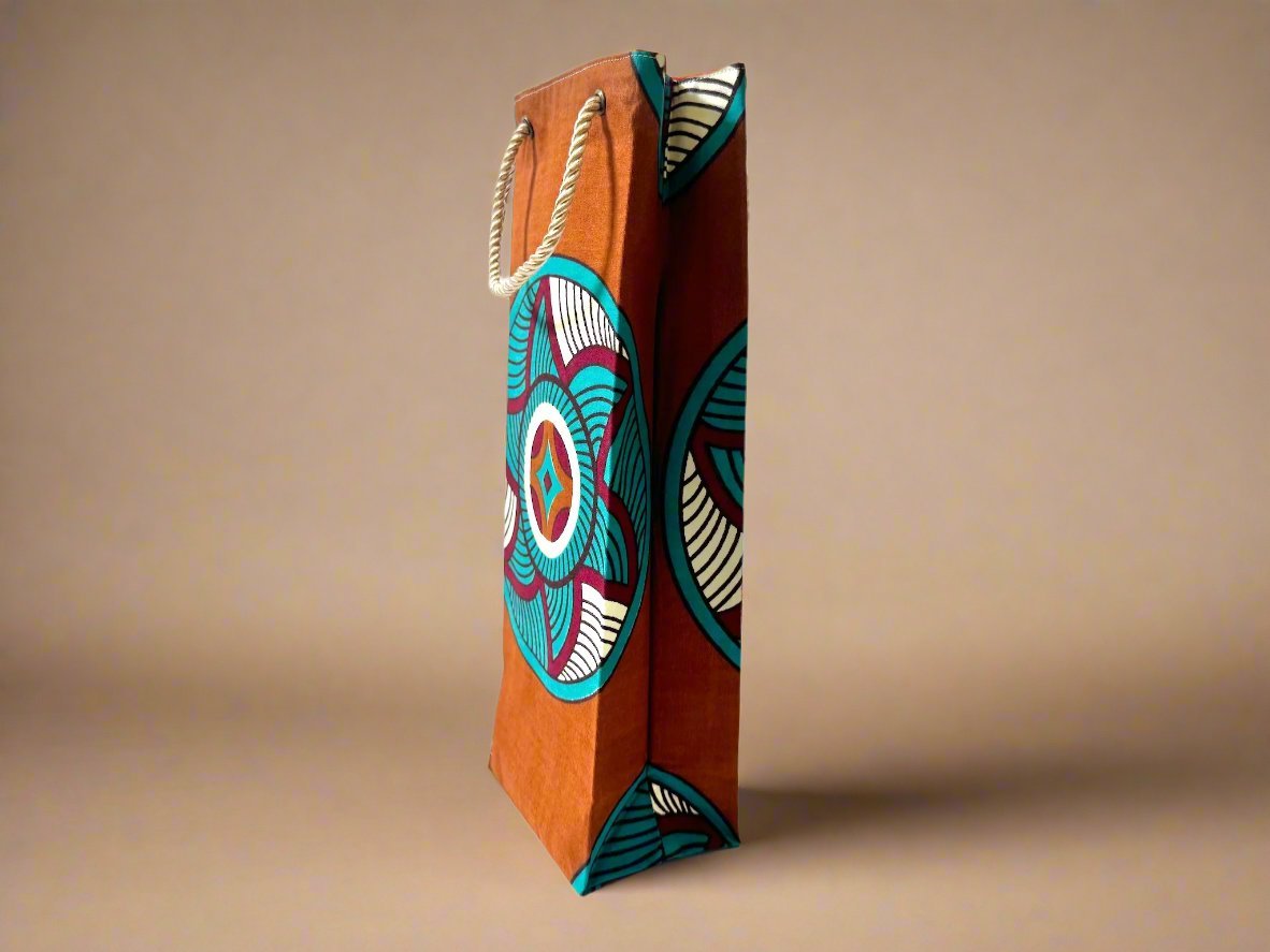 Ethnic, Fabric, Patterned, Handmade Bronze, Cream, Turquoise, and Maroon Wine Gift Bag - Gezia Accents
