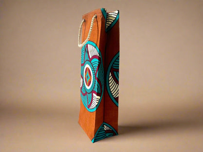 Ethnic, Fabric, Patterned, Handmade Bronze, Cream, Turquoise, and Maroon Wine Gift Bag - Gezia Accents