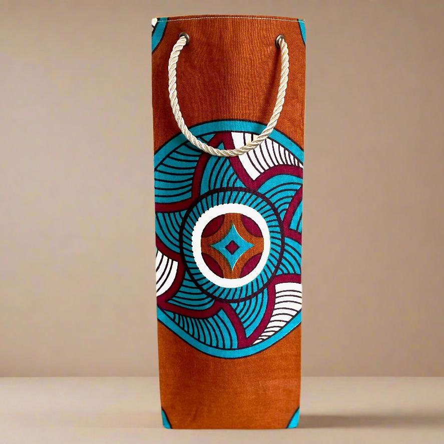 Ethnic, Fabric, Patterned, Handmade Bronze, Cream, Turquoise, and Maroon Wine Gift Bag - Gezia Accents
