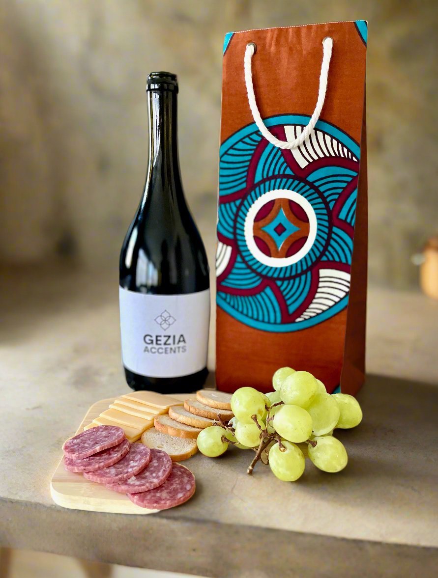 Ethnic, Fabric, Patterned, Handmade Bronze, Cream, Turquoise, and Maroon Wine Gift Bag - Gezia Accents