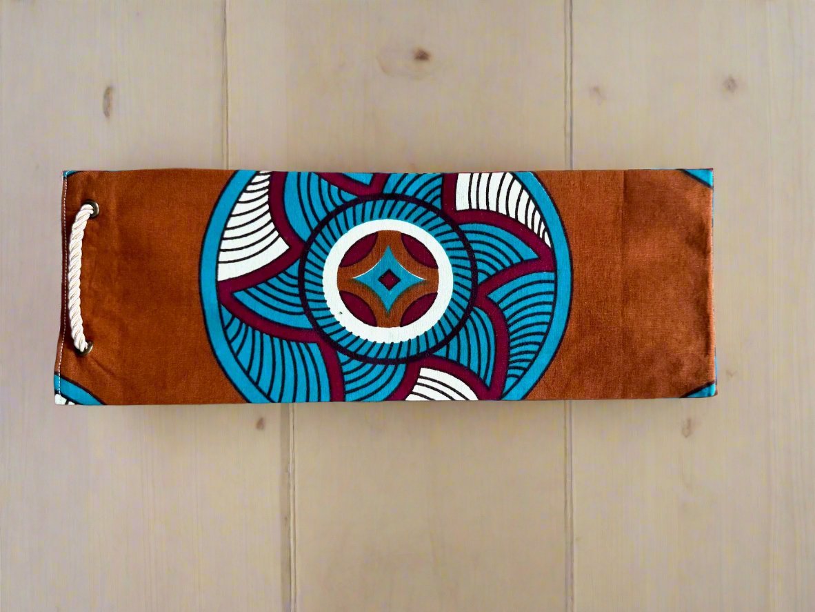 Ethnic, Fabric, Patterned, Handmade Bronze, Cream, Turquoise, and Maroon Wine Gift Bag - Gezia Accents