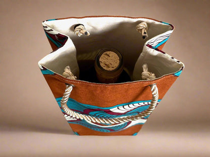Ethnic, Fabric, Patterned, Handmade Bronze, Cream, Turquoise, and Maroon Wine Gift Bag - Gezia Accents