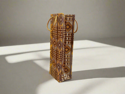 Ethnic, Fabric, Patterned, Handmade Brown, Bronze, and Gold Wine Gift Bag - Gezia Accents