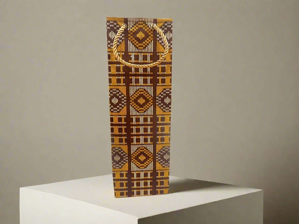 Ethnic, Fabric, Patterned, Handmade Brown, Bronze, and Gold Wine Gift Bag - Gezia Accents