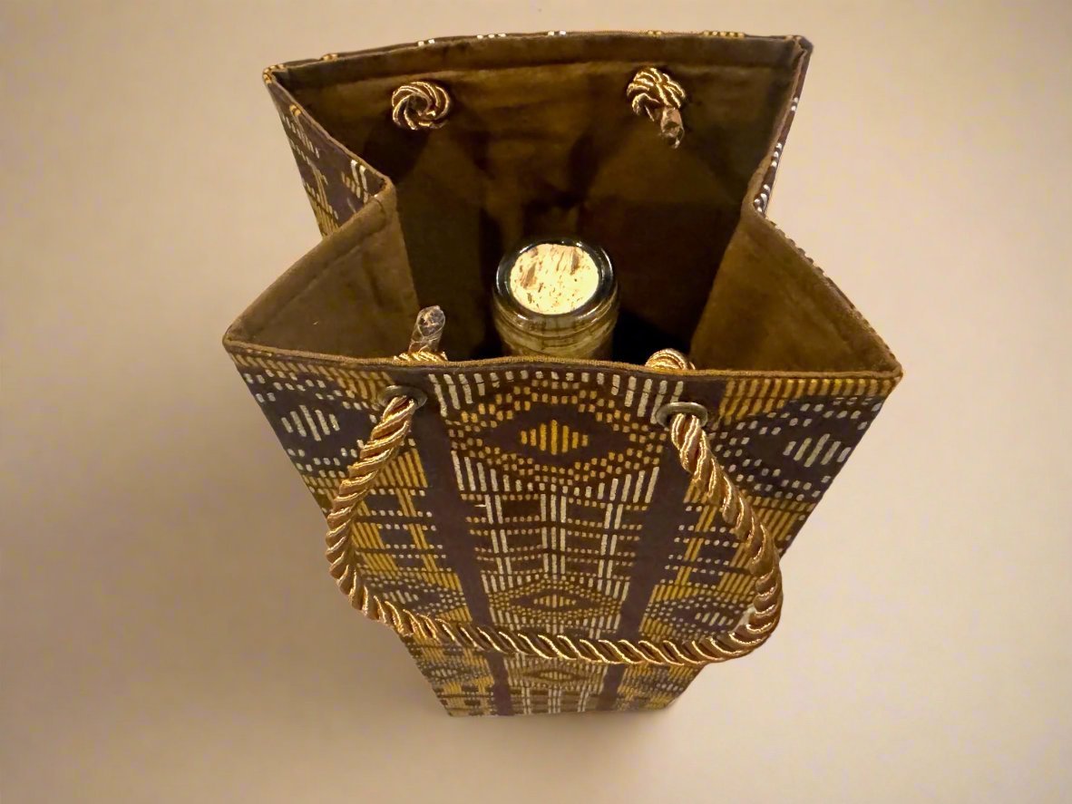 Ethnic, Fabric, Patterned, Handmade Brown, Bronze, and Gold Wine Gift Bag - Gezia Accents