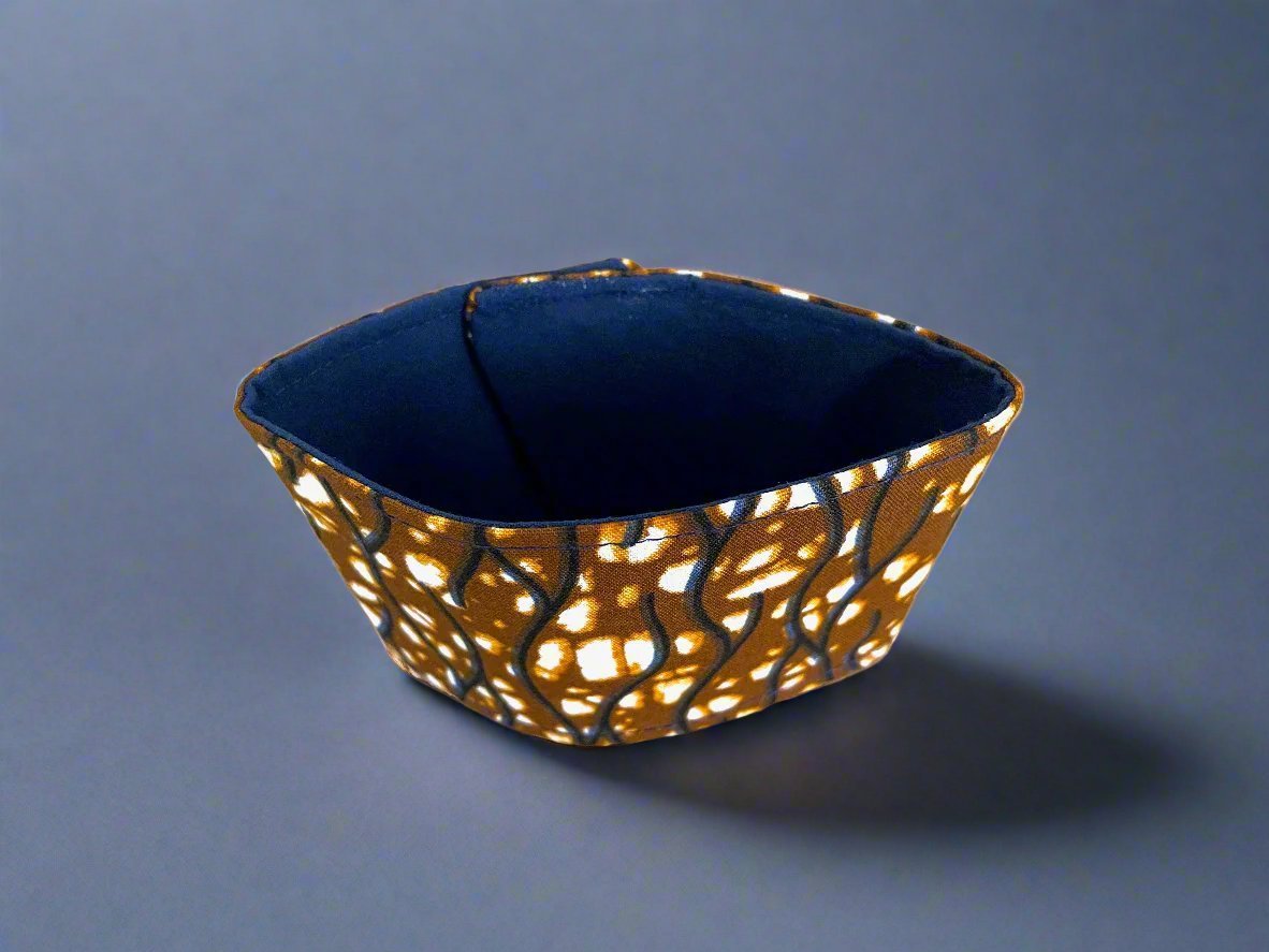 Ethnic, Fabric, Patterned, Handmade Brown, Dark Blue, Maroon and Beige Cup Sleeve - Gezia Accents