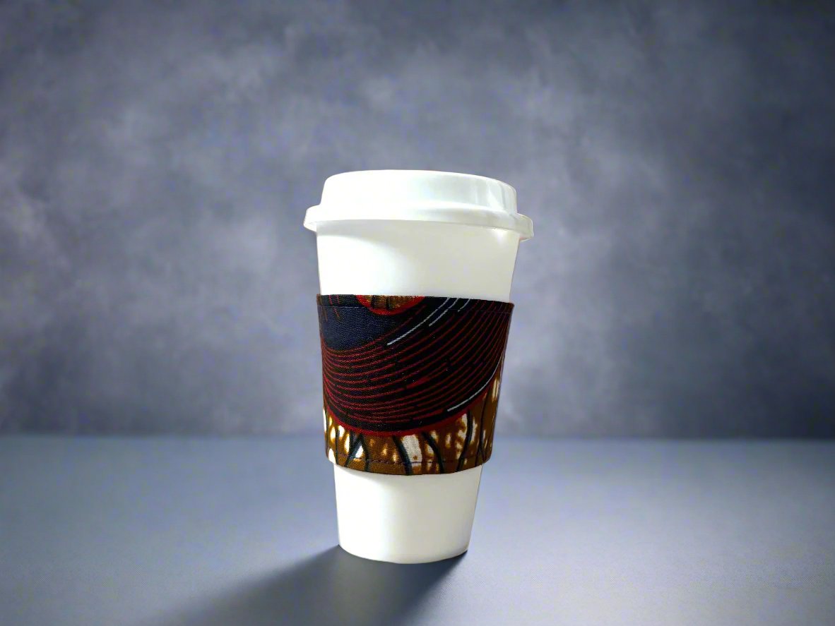 Ethnic, Fabric, Patterned, Handmade Brown, Dark Blue, Maroon and Beige Cup Sleeve - Gezia Accents