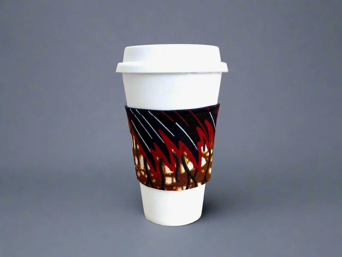 Ethnic, Fabric, Patterned, Handmade Brown, Dark Blue, Maroon and Beige Cup Sleeve - Gezia Accents