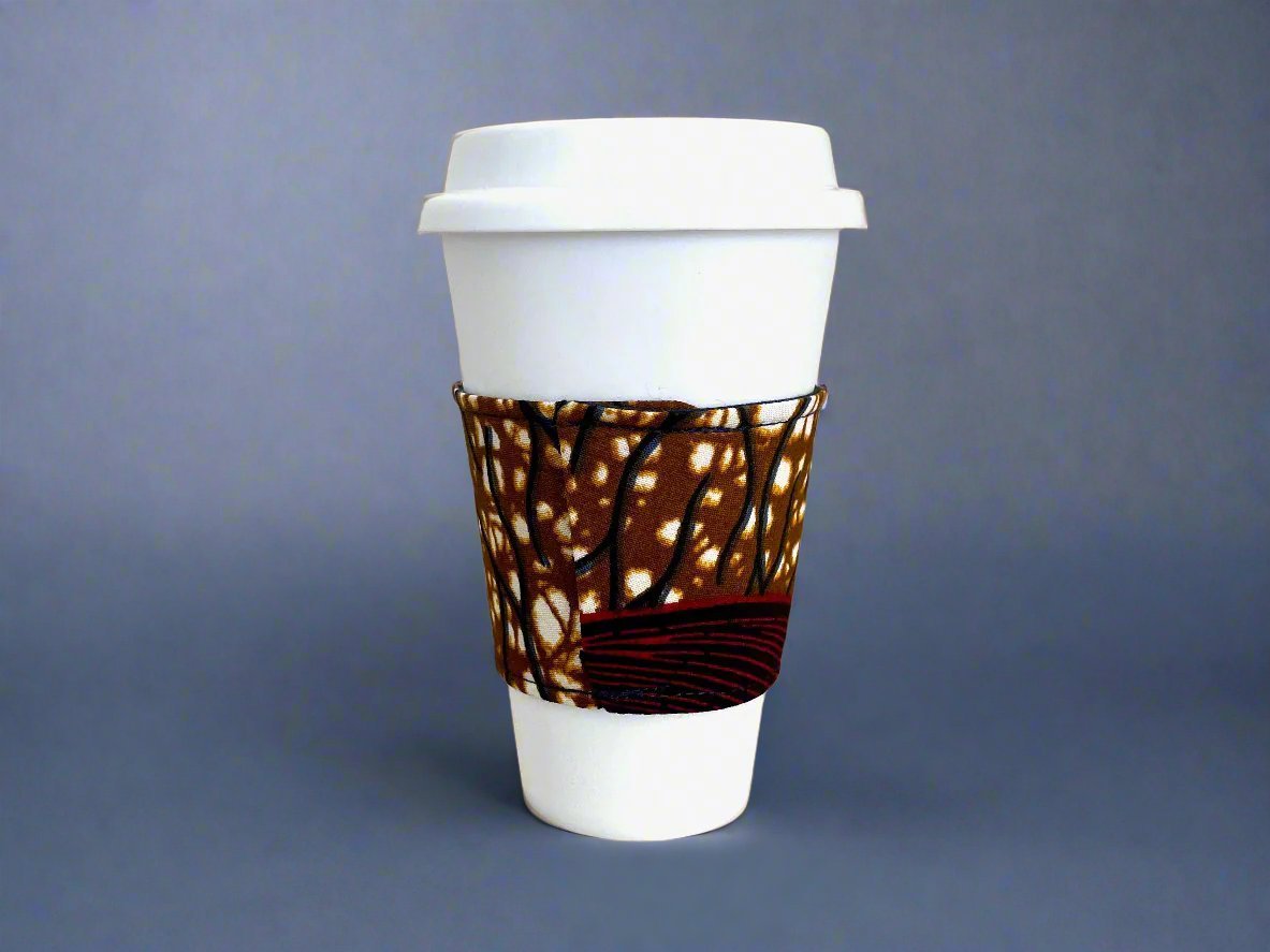 Ethnic, Fabric, Patterned, Handmade Brown, Dark Blue, Maroon and Beige Cup Sleeve - Gezia Accents