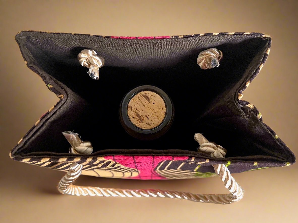 Ethnic, Fabric, Patterned, Handmade Brown, Pink, Green, and Yellow Wine Gift Bag - Gezia Accents
