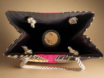 Ethnic, Fabric, Patterned, Handmade Brown, Pink, Green, and Yellow Wine Gift Bag - Gezia Accents