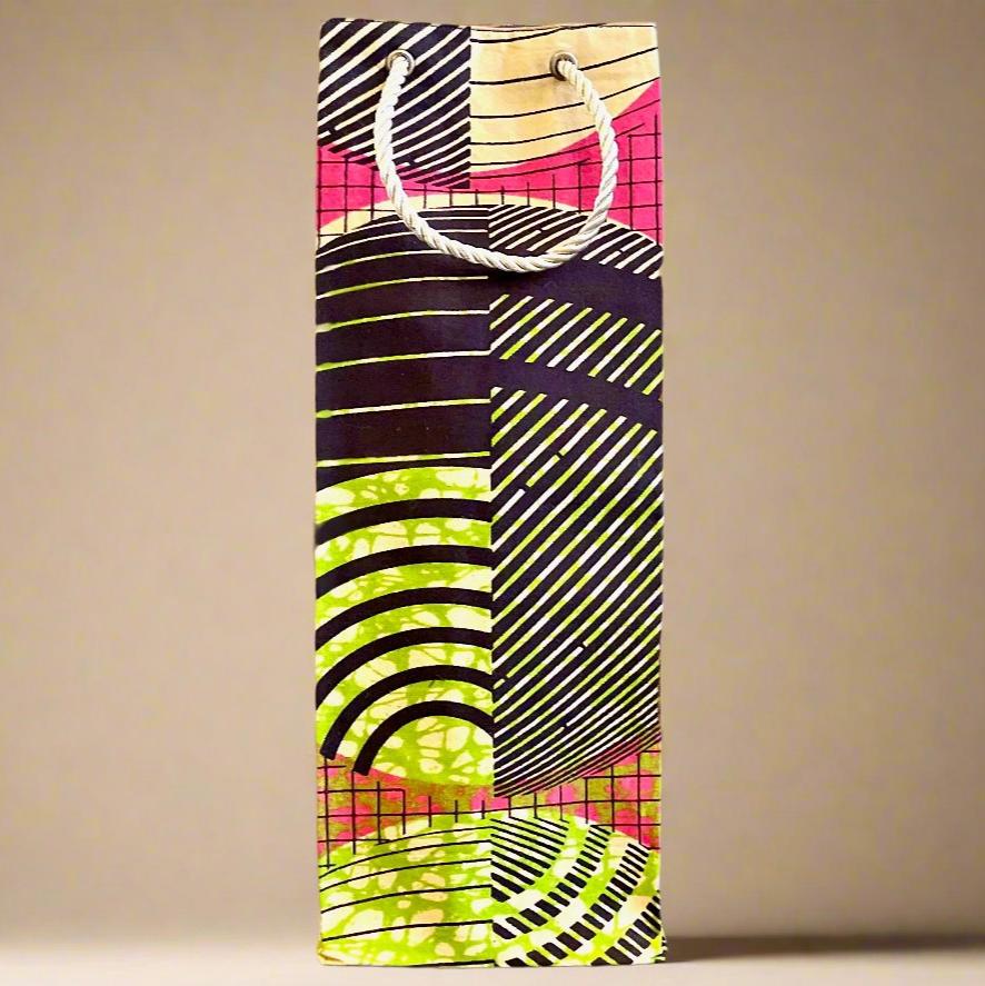 Ethnic, Fabric, Patterned, Handmade Brown, Pink, Green, and Yellow Wine Gift Bag - Gezia Accents