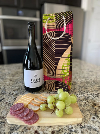 Ethnic, Fabric, Patterned, Handmade Brown, Pink, Green, and Yellow Wine Gift Bag - Gezia Accents