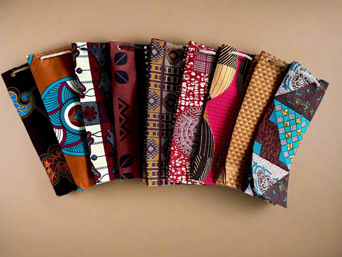 Ethnic, Fabric, Patterned, Handmade Brown, Pink, Green, and Yellow Wine Gift Bag - Gezia Accents