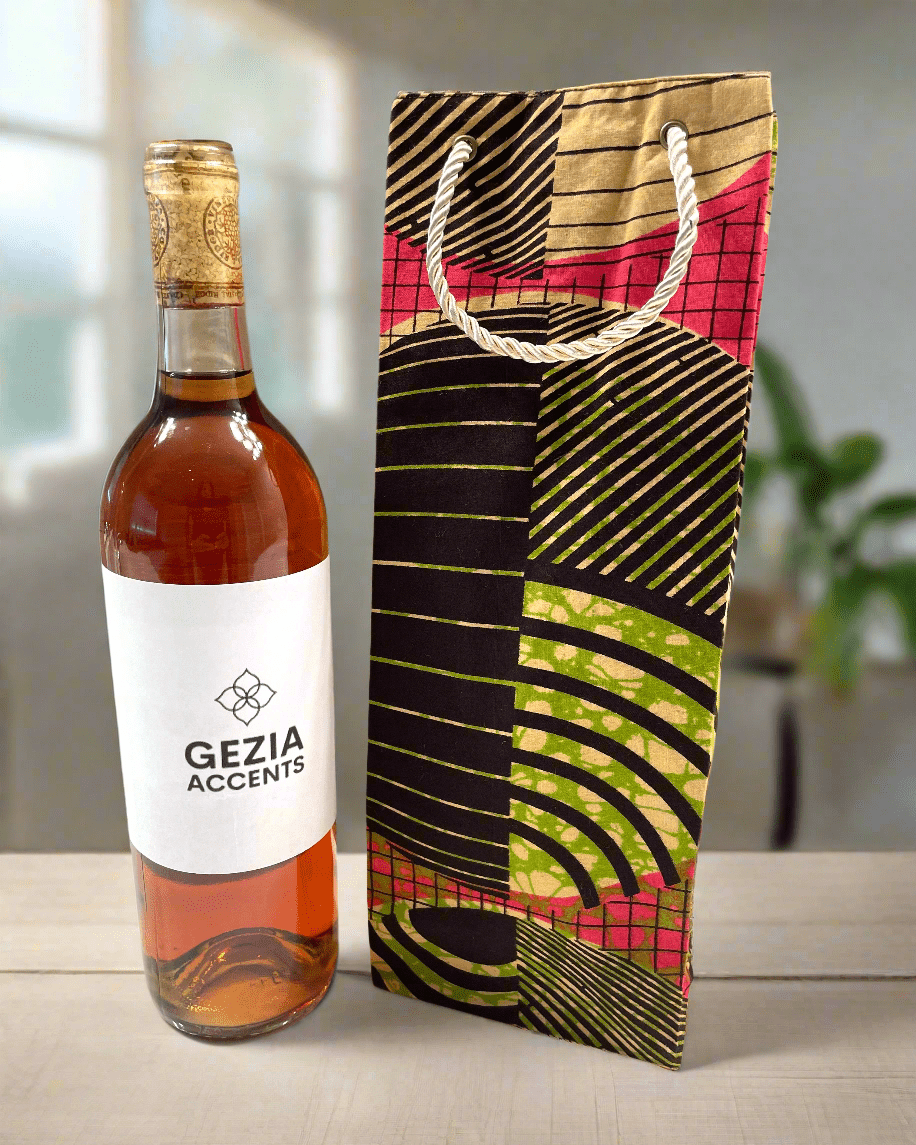 Ethnic, Fabric, Patterned, Handmade Brown, Pink, Green, and Yellow Wine Gift Bag - Gezia Accents