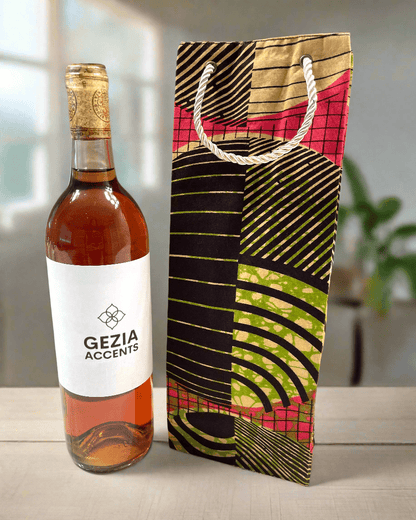 Ethnic, Fabric, Patterned, Handmade Brown, Pink, Green, and Yellow Wine Gift Bag - Gezia Accents