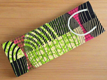 Ethnic, Fabric, Patterned, Handmade Brown, Pink, Green, and Yellow Wine Gift Bag - Gezia Accents