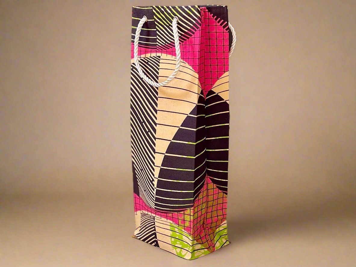 Ethnic, Fabric, Patterned, Handmade Brown, Pink, Green, and Yellow Wine Gift Bag - Gezia Accents