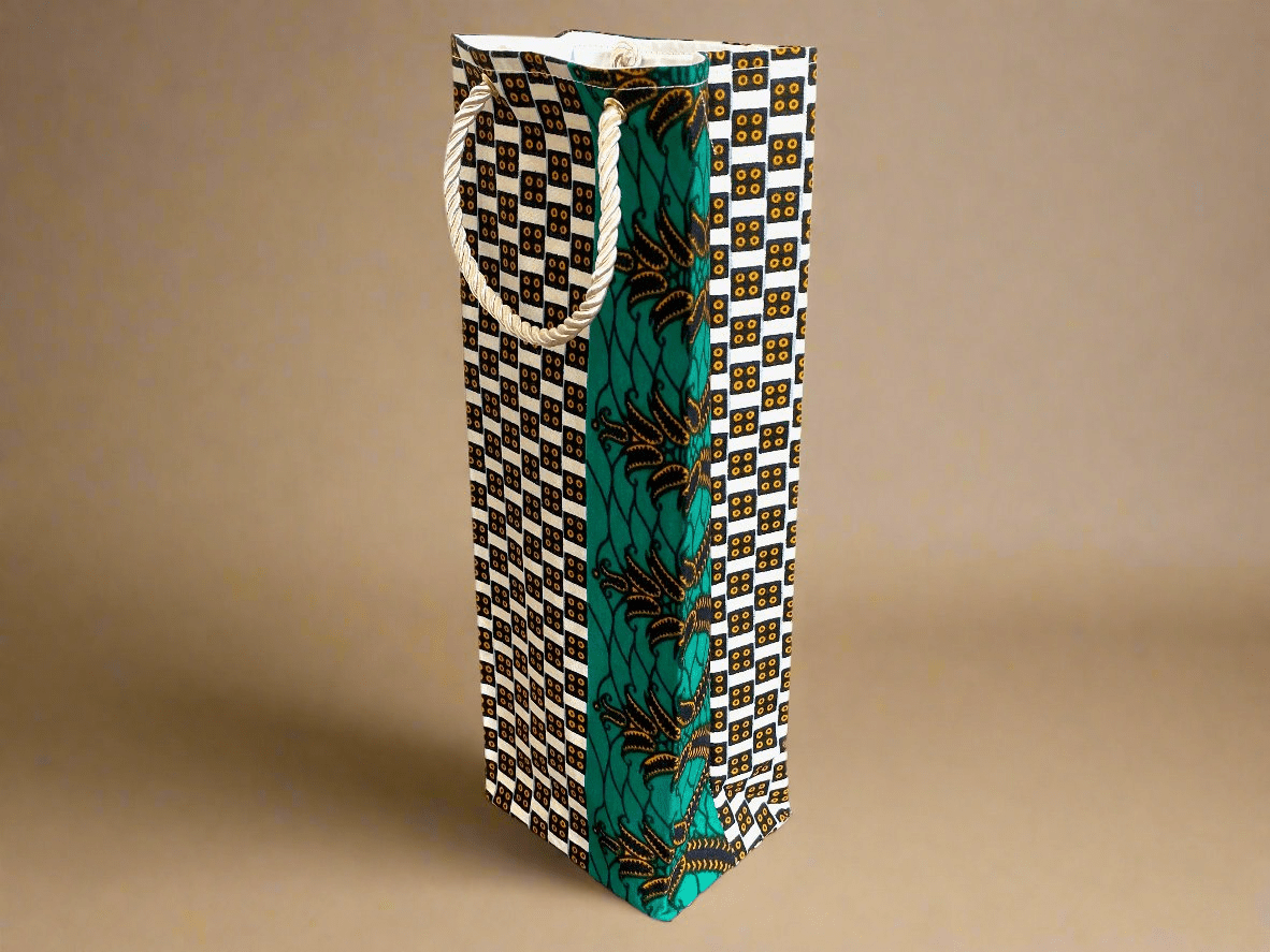 Ethnic, Fabric, Patterned, Handmade Cream, Dark Blue, Green and Gold Wine Gift Bag - Gezia Accents