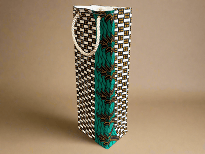 Ethnic, Fabric, Patterned, Handmade Cream, Dark Blue, Green and Gold Wine Gift Bag - Gezia Accents