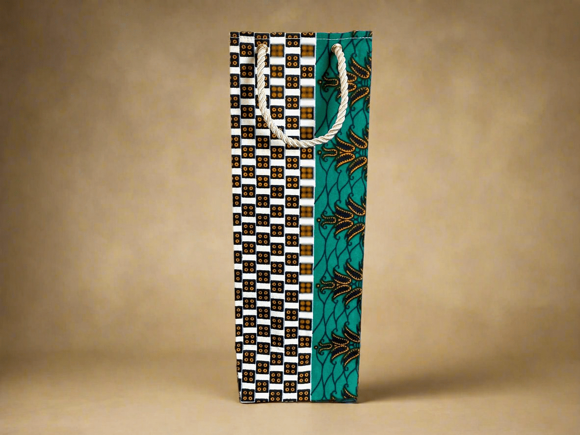 Ethnic, Fabric, Patterned, Handmade Cream, Dark Blue, Green and Gold Wine Gift Bag - Gezia Accents