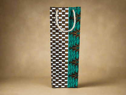 Ethnic, Fabric, Patterned, Handmade Cream, Dark Blue, Green and Gold Wine Gift Bag - Gezia Accents