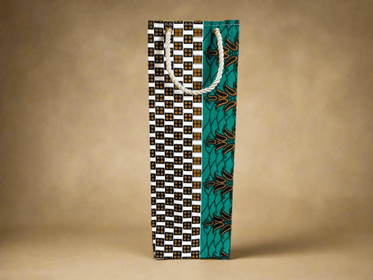 Ethnic, Fabric, Patterned, Handmade Cream, Dark Blue, Green and Gold Wine Gift Bag - Gezia Accents