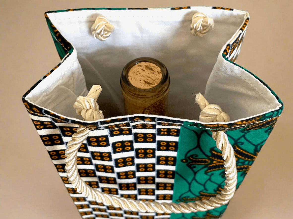 Ethnic, Fabric, Patterned, Handmade Cream, Dark Blue, Green and Gold Wine Gift Bag - Gezia Accents