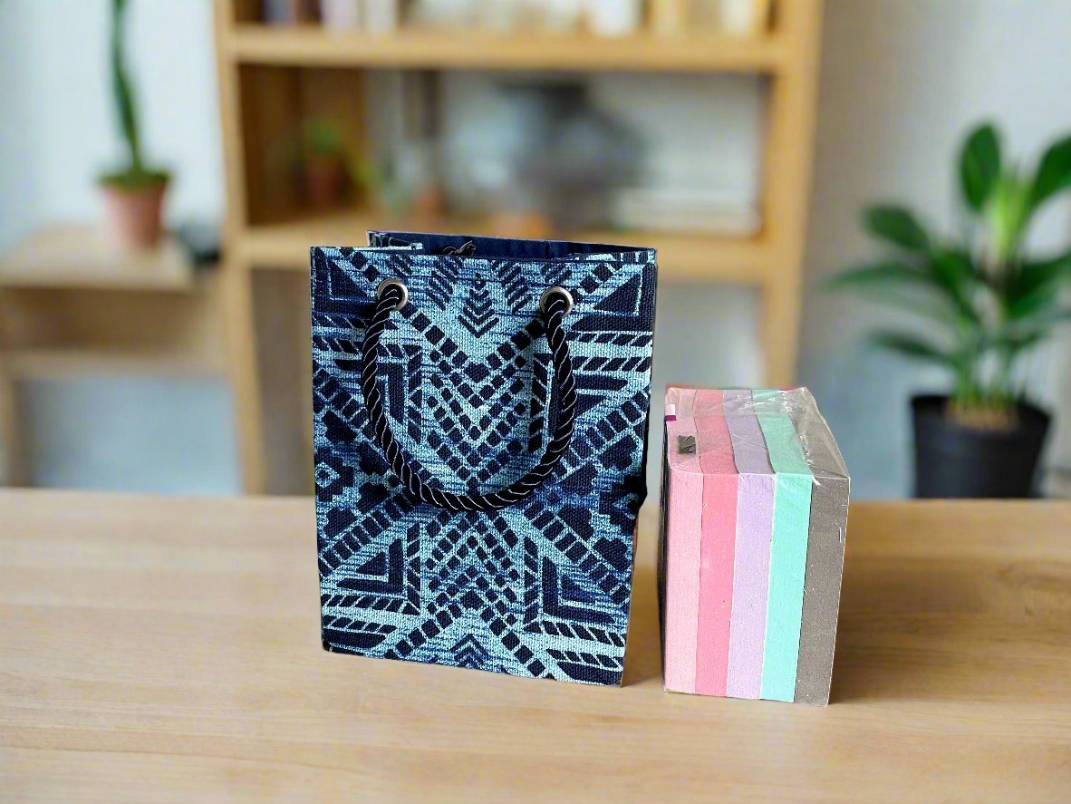 Ethnic, Fabric, Patterned, Handmade Dark and Light Blue Mini Bag - Gezia Accents