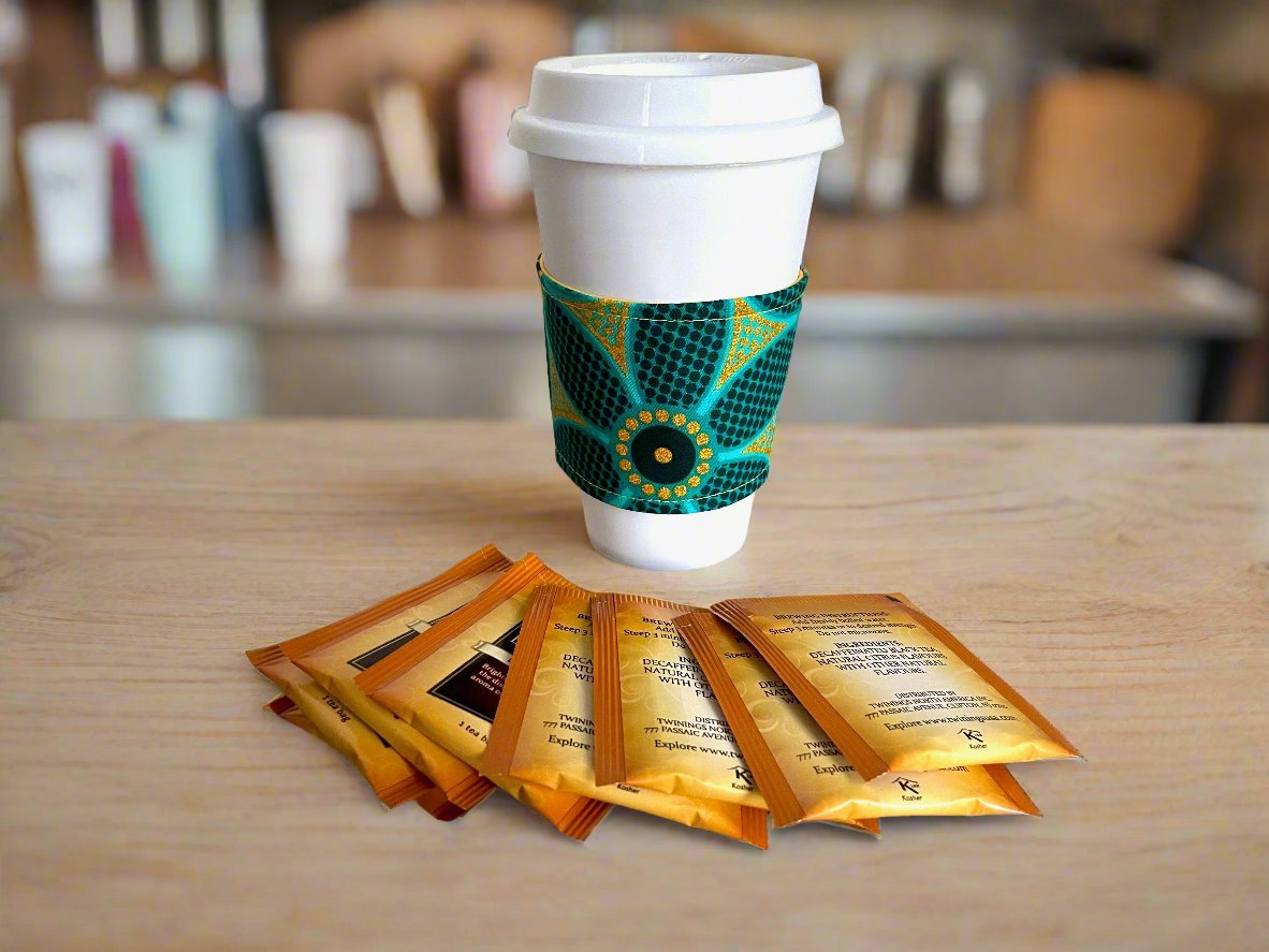 Ethnic, Fabric, Patterned, Handmade Dark and Light Green and Gold Cup Sleeve - Gezia Accents