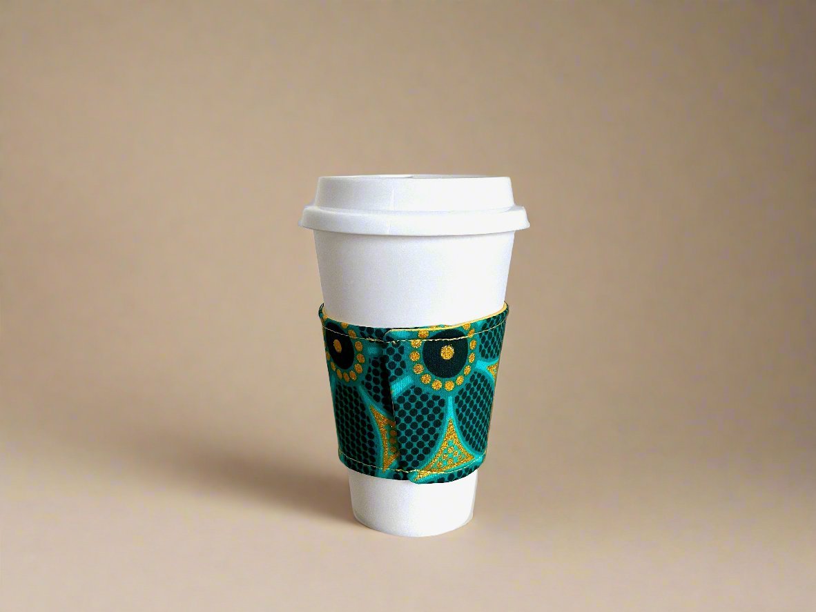 Ethnic, Fabric, Patterned, Handmade Dark and Light Green and Gold Cup Sleeve - Gezia Accents
