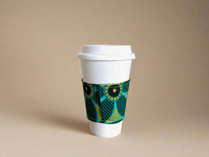 Ethnic, Fabric, Patterned, Handmade Dark and Light Green and Gold Cup Sleeve - Gezia Accents