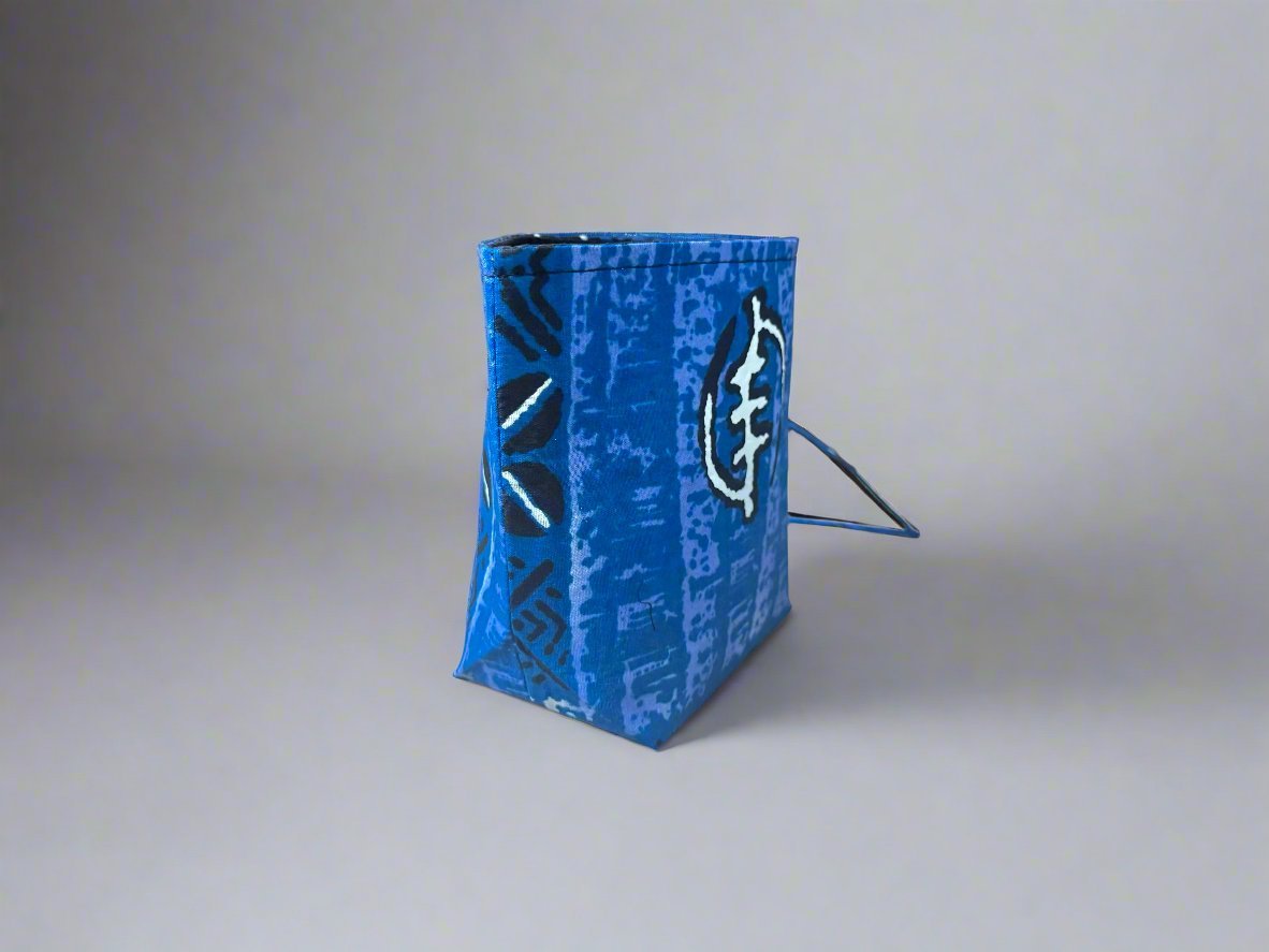 Ethnic, Fabric, Patterned, Handmade Dark Blue, Blue, Black, White, and Red Mini Tote - Gezia Accents