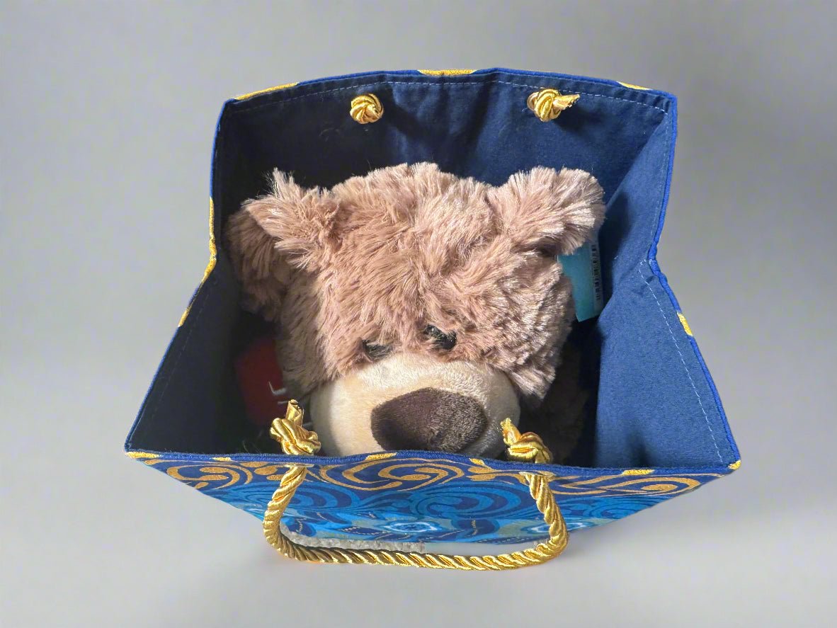 Ethnic, Fabric, Patterned, Handmade Dark Blue, Blue, Light Blue, White, and Gold Small Bag - Gezia Accents