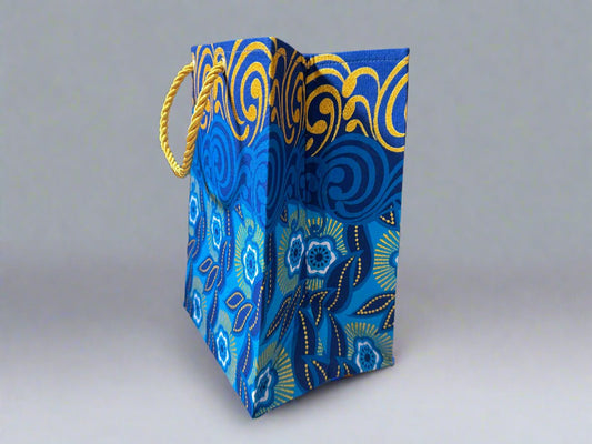 Ethnic, Fabric, Patterned, Handmade Dark Blue, Blue, Light Blue, White, and Gold Small Bag - Gezia Accents