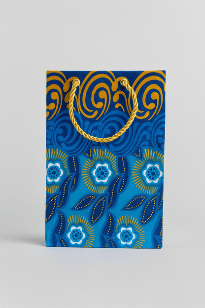 Ethnic, Fabric, Patterned, Handmade Dark Blue, Blue, Light Blue, White, and Gold Small Bag - Gezia Accents